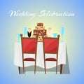 Wedding celebration in restaurant banner with ceremony and gala reception vector illustration.