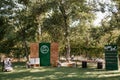 wood wedding ceremony area, arch chairs decor