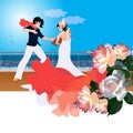 Wedding ceremony on board an ocean liner. The bride and groom are dancing tango. Time together. Beautiful invitation card