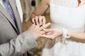 Wedding ceremony. Bride puts on golden wedding ring to groom`s finger closeup. Bride and groom. Royalty Free Stock Photo