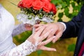 Wedding ceremony. The bride puts the ring on the groom& x27;s finger. Royalty Free Stock Photo