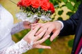 Wedding ceremony. The bride puts the ring on the groom& x27;s finger. Royalty Free Stock Photo