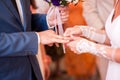 Wedding ceremony. Groom putting golden ring on bride`s finger closeup. Wedding rings exchange Royalty Free Stock Photo