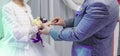 Groom`s hand puts wedding ring on bride`s finger. Beautiful wedding ceremony. Newlyweds. Royalty Free Stock Photo