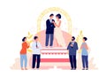 Wedding ceremony. Couple celebrate marriage, groom bride romantic party. People celebration with friends, flat bridal