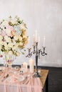 Wedding ceremony decoration. Decoration of wedding table with tender pink textile. Royalty Free Stock Photo