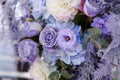 Wedding ceremony decorations: close-up decor of arch, decorated with crysanthemums, roses, hydrangeas and greenery. A Royalty Free Stock Photo