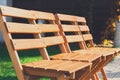 Wedding ceremony, empty wooden guest chairs