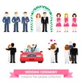 Wedding ceremony flat vector people set: bride, groom, newlyweds