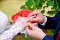 Wedding ceremony. The groom puts the ring on the bride& x27;s finger. Royalty Free Stock Photo
