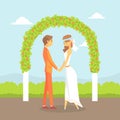 Wedding Ceremony, Happy Couple of Newlyweds Standing Behind the Floral Arch Vector Illustration Royalty Free Stock Photo