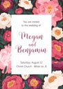 Wedding ceremony invitation card design with floral frame. Vertical save the date postcard template with place for text