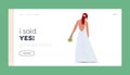 Wedding Ceremony Landing Page Template. Stylish Redheaded Bride in Elegant Long Dress Rear View. Beautiful Romantic Lady