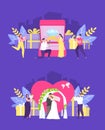 Wedding ceremony, marriage proposal, bride and groom vector illustration concept set. Royalty Free Stock Photo