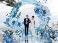 Charming couple in love in a chic banquet room in the open air against the backdrop of the sea on a gala wedding day