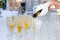 Wedding ceremony in the park glass of champagne served outdoor with a buffet table Royalty Free Stock Photo
