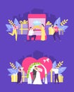 Wedding ceremony people vector illustration. Romantic trip for newlywed couple. Bride and groom standing under wedding Royalty Free Stock Photo