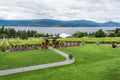 Wedding ceremony place on the vineyard with panoramic view on Okanagan lake. Royalty Free Stock Photo