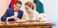 Wedding ceremony in a registry office painting, marriage Royalty Free Stock Photo