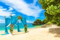 Wedding ceremony on a tropical beach in blue. Arch decorated wit Royalty Free Stock Photo