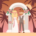 Wedding ceremony on tropical island, vector illustration. Romantic trip for newlywed couple. Bride and groom standing Royalty Free Stock Photo
