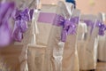 Wedding chairs with purple bow Royalty Free Stock Photo