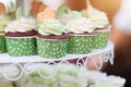 Wedding chocolate Cupcakes in green cup with garland lights bokeh and sunlight background