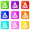 Wedding church icons set 9 color collection