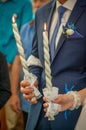 Wedding in the church - the sacred rite of the seven sacraments, during which the lover conveys himself, his desires, thoughts and Royalty Free Stock Photo