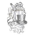 Wedding clip art set with champagne bottle in ice bucket, wine glass, flower bouquet, wedding rings, hat and gloves, black and whi Royalty Free Stock Photo