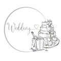 Wedding clip art set with champagne bottle in ice bucket, wine glass and wedding cake, black and white wedding card or invitation