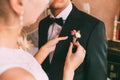 Wedding . Close-up bride`s hands pinning boutonniere to groom`s tuxedo. Warm tones.
