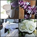 Wedding collage of four photos in frames, flower bouquet, decor Royalty Free Stock Photo