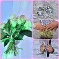 Wedding collage of four photos in pink frames, flower bouquet, newlyweds hands with wedding rings Royalty Free Stock Photo