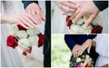 Wedding collage - hands with rings, people renewing vows.