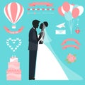 Wedding collection with bride, groom silhouette Royalty Free Stock Photo
