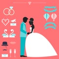 Wedding collection with bride, groom silhouette and romantic dec Royalty Free Stock Photo