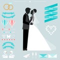 Wedding collection with bride, groom silhouette and romantic decorative elements Royalty Free Stock Photo