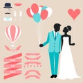 Wedding collection with bride, groom silhouette and romantic decorative elements on soft beige background