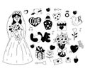 Wedding collection. Cute bride in wedding dress with veil and bouquet, gifts, cupids arrows, wedding dove, calendar