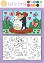 Wedding coloring page for children with cute dancing just married couple. Vector marriage ceremony color book for kids with bride Royalty Free Stock Photo