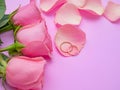 Wedding concept. Beautiful pink rose on pink background with two wedding rings