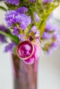 Wedding concept: bouquet of pink,purple tulips and two golden rings.Flowering branch with purple, violet flowers on Royalty Free Stock Photo