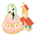 Wedding concept icon isometric vector. Wedding cake church building with belfry