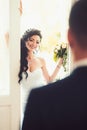 Wedding concept. love and romance. Happy bride smile to groom. Woman and man on wedding day. Sensual woman with bridal Royalty Free Stock Photo