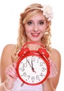 Wedding concept. Time to get married. Bride with clock. Royalty Free Stock Photo