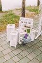 Wedding concept. Vintage wooden crates with lovely candles and little elements.