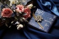 wedding corsage beside a fabric cladded diary
