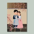 Wedding invitation card the bride and groom cute couple in traditional hanbok dress c character of South Korea.