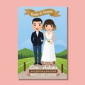 Wedding invitation card the bride and groom cute couple cartoon with Landscape beautiful background Royalty Free Stock Photo